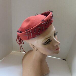 SALE Handsome Vintage Rolled Brim Hat in Rust Color Velour with Beading